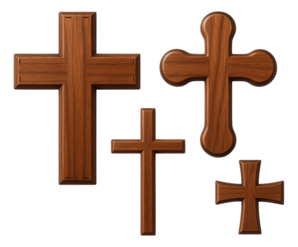 Four different wooden cross designs with varying shapes and styles on transparent background.