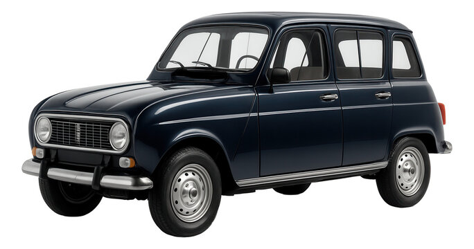 Fototapeta Vintage dark blue hatchback car with retro design and four doors on transparent background.