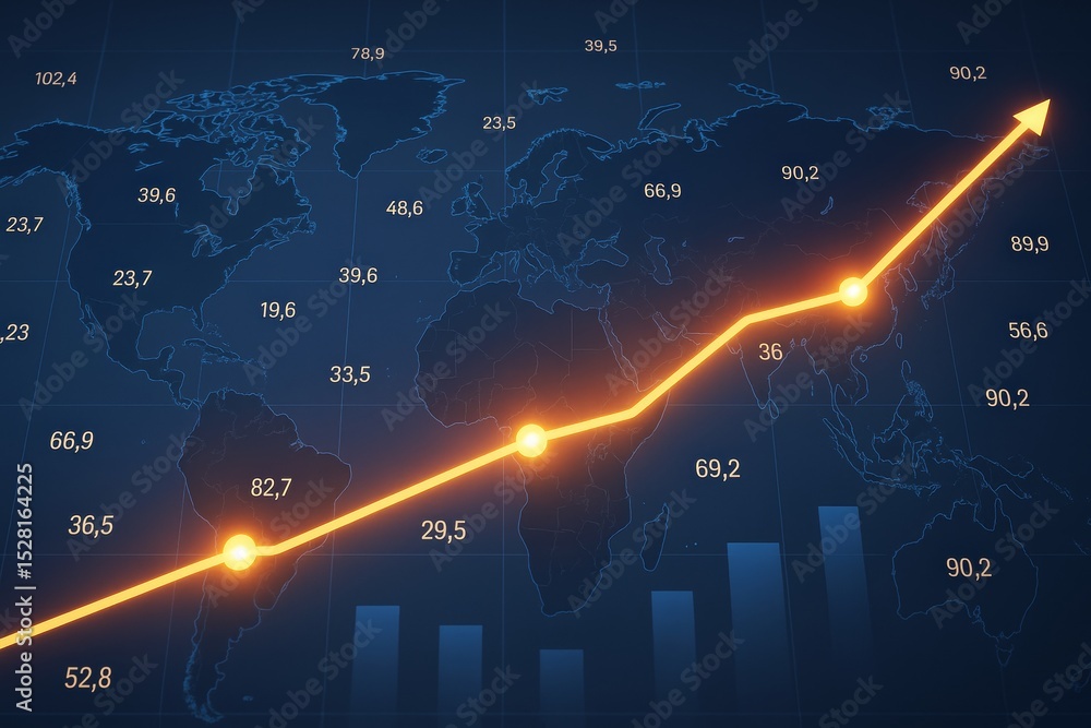 Aufkleber glowing orange upward business graph line over global map with data points and bars on dark blue bac