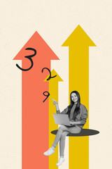 3D collage poster trend artwork sketch of young lady arrow point up success count maths target...