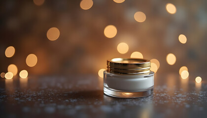 Elegant golden cosmetic cream jar with bokeh lights. Represents luxury skincare, beauty, or premium products. Glamorous and sophisticated ambiance.

