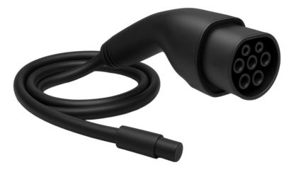 Black electric car charging cable with multiple connectors, suitable for electric vehicle charging on transparent background.