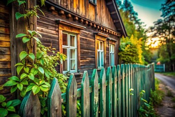 Fototapeta premium Documentary photography showcases a vintage wooden house's rustic charm, enhanced by its verdant, leafy fence.
