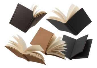 Collection of black and brown hardcover books with open pages in various positions on transparent background.