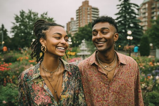 Joyful Couple in a Rainy City Garden, Happy young couple laughing together in a vibrant garden