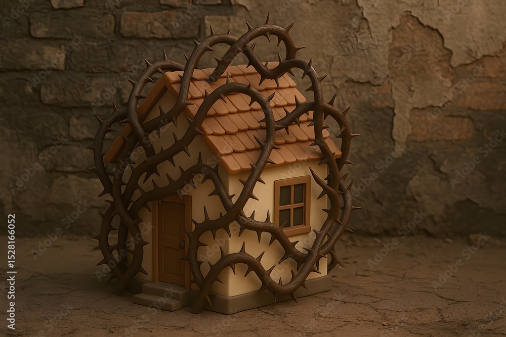 Poster thorns surround house model amidst rustic background and texture