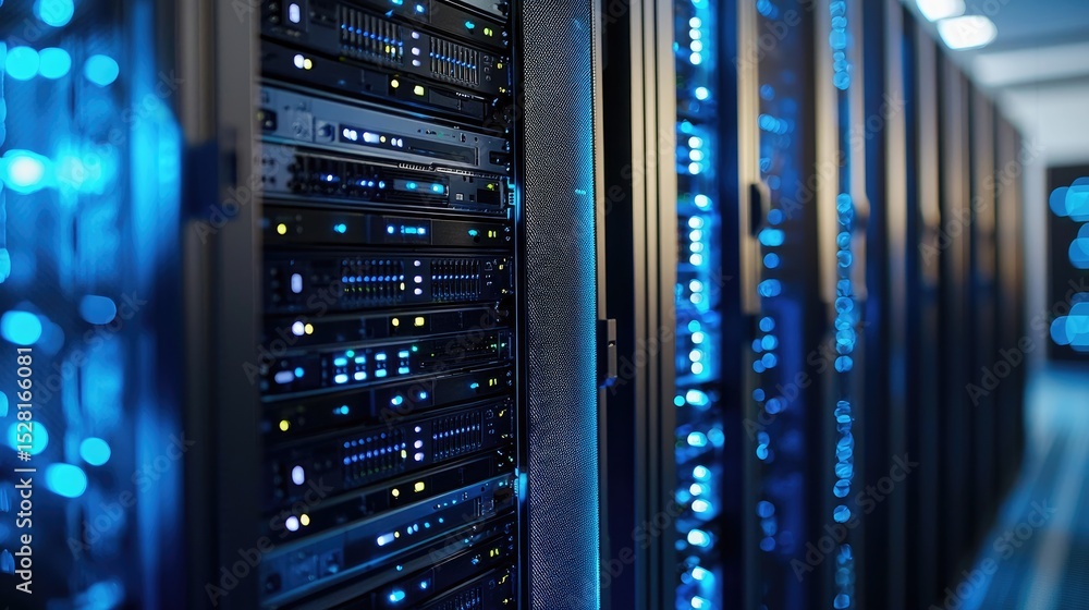Poster modern data center with rows of illuminated server racks in blue lighting, perfect for technology pr
