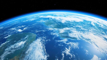 A stunning view of Earth from space, showcasing its blue oceans, white clouds, and curved horizon against a starry background.