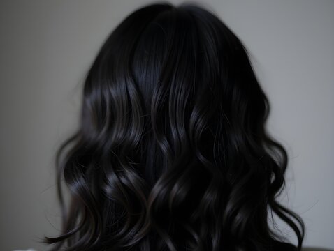 Close-up of wavy, shiny black hair against a neutral gray background