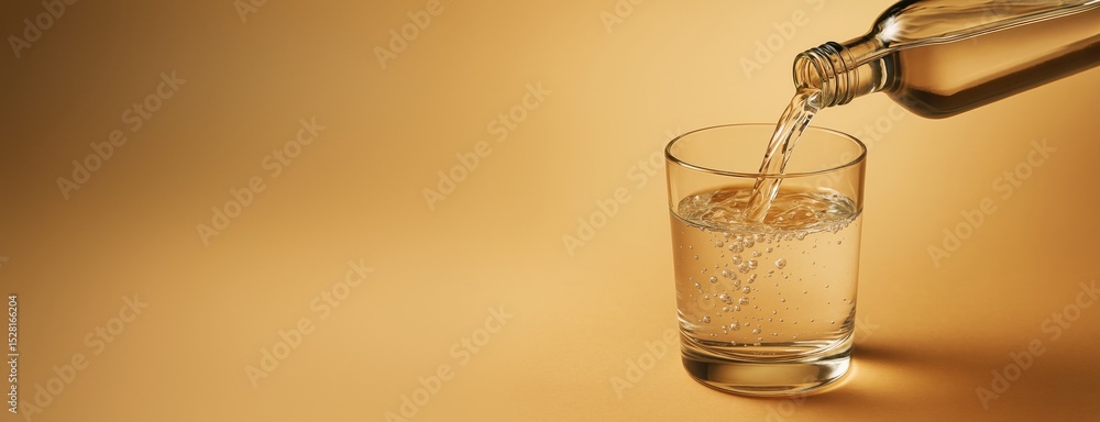 Poster Glass of sparkling drink being poured from bottle on warm gradient background for advertising or poster mockup with copy space for design template.