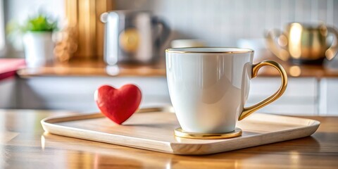 Documentary-style photograph:  golden handle gleams on a white mug, a small red heart adds a touch of intimacy on the kitchen table.