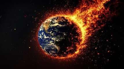 Fototapeta premium Earth engulfed in fiery flames, symbolizing intense heat or catastrophic event in space with burning debris trailing behind.