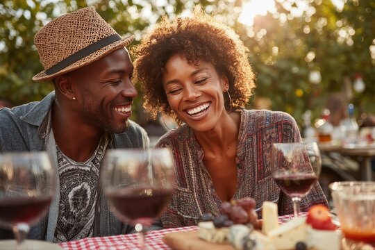 Happy Couple Enjoying Wine and Cheese at an Outdoor Summer Gathering