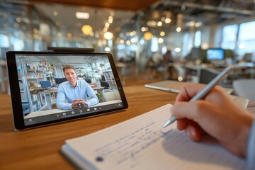 Person Taking Notes During a Video Conference on a Tablet