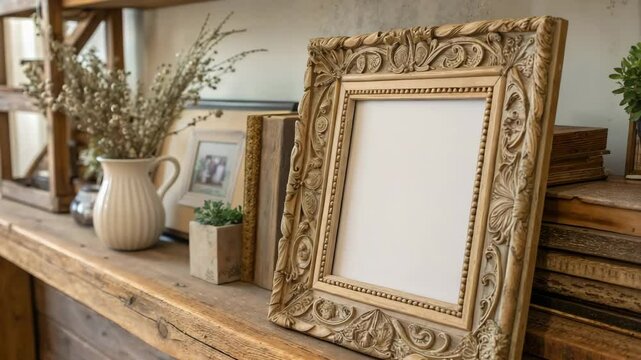 Ornate picture frame on wooden shelf with decorative elements
