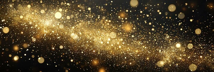 Glittering gold banner background, golden particles texture, golden bokeh of celebratory sparkles and dust, celebratory holiday or awards ceremony background.