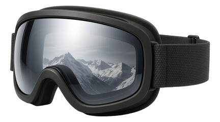 Black ski goggles with reflective lenses showing a snowy mountain landscape on transparent background.