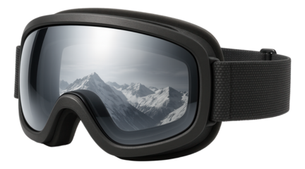 Black ski goggles with reflective lenses showing a snowy mountain landscape on transparent background.