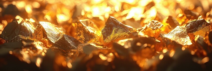Striking close-up of golden textured surface, reflecting bright, intense light and creating luxurious, elegant, glowing backdrop, shimmering gold dust, artistic effect, banner