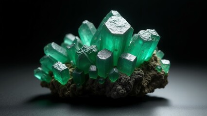 Stunning Emerald crystal cluster on dark schist, highlighted by dramatic lighting. Detailed textures & high-resolution clarity.\n, ultra detailed, 8k resolution, HDR, professional