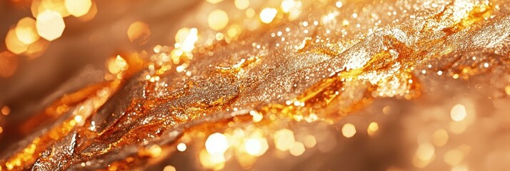 Golden textured surface, bokeh lights shining, glittering banner, abstract glittering background with blurred shiny backdrop.