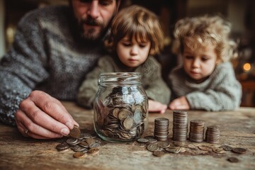 Father and Toddlers Saving Coins Warm Family Finance Scene