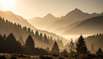 Dreamy mountainscape at sunrise showcasing trees enveloped in soft golden light