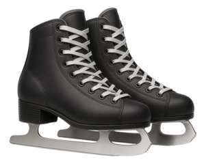 Pair of classic black ice skates with silver blades and white laces on transparent background.