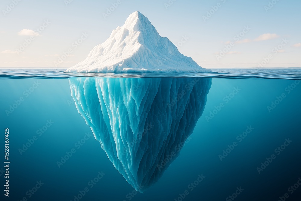 Poster massive iceberg floating in ocean with large submerged portion visible under water, showing concept 