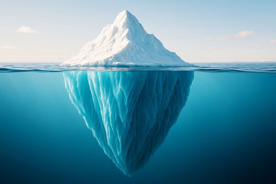 Massive iceberg floating in ocean with large submerged portion visible under water, showing concept of hidden depths in natural environment background.