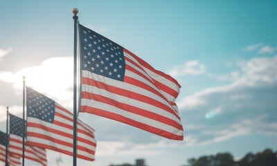 American flags waving in bright sunlight patriotism concept