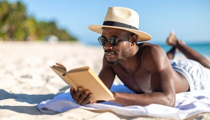 Un hombre joven con sombrero de paja y gafas de sol tumbado sobre una toalla en una playa y leyendo un libro. Vacaciones y relax