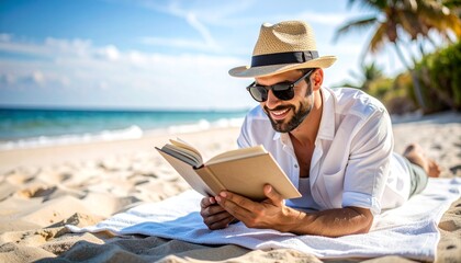 Un hombre joven con sombrero de paja y gafas de sol tumbado sobre una toalla en una playa y leyendo un libro. Vacaciones y relax
