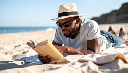 Un hombre joven con sombrero de paja y gafas de sol tumbado sobre una toalla en una playa y leyendo un libro. Vacaciones y relax
