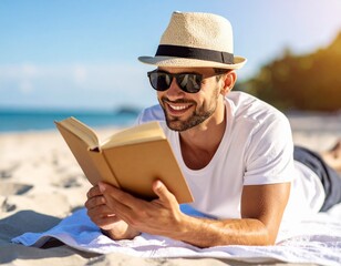 Un hombre joven con sombrero de paja y gafas de sol tumbado sobre una toalla en una playa y leyendo un libro. Vacaciones y relax