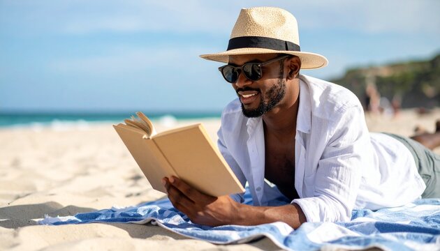 Un hombre joven con sombrero de paja y gafas de sol tumbado sobre una toalla en una playa y leyendo un libro. Vacaciones y relax