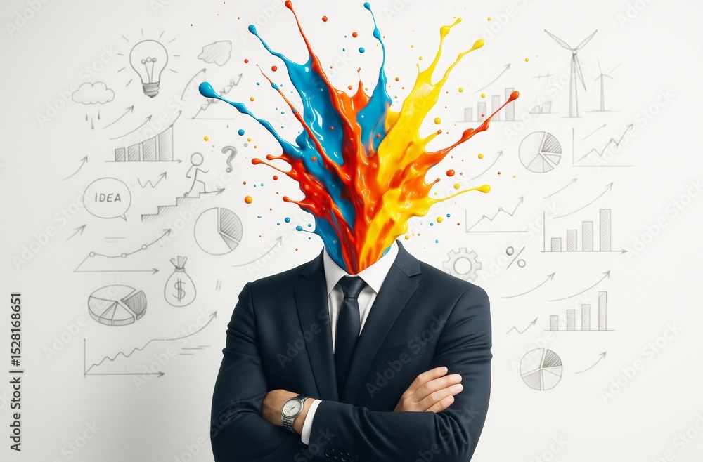 Poster creative explosion from businessman's head with colorful paint splash showing innovation concept on 
