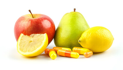 Fruit vitamins with pills and capsules on white background. Alternative medicine concept