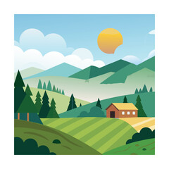Sunny Mountain Valley Farm Landscape Illustration

