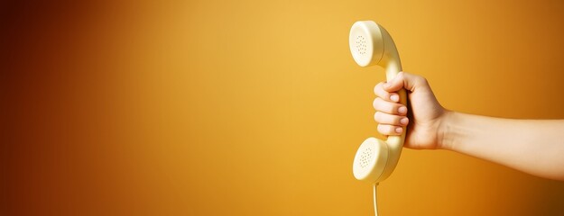 Hand holding vintage yellow telephone receiver against warm gradient background, ideal for advertising, communication, or retro-themed mockup.
