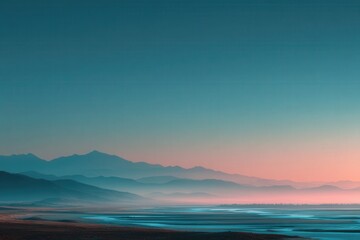 Obraz premium Tranquil Beach at Dawn Teal Pink Sky Misty Mountains