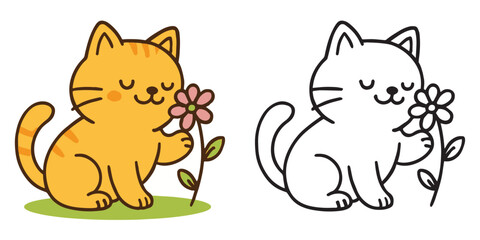 Coloring Book For Kids Cute Cartoon Happy cat sniffing flower Outline Vector Illustration