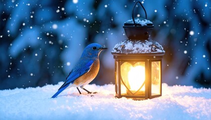 Eastern Bluebird Perched Beside a Glowing Heart-Shaped Winter Lantern Scene