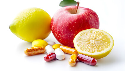 Fruit vitamins with pills and capsules on white background. Alternative medicine concept