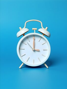 A clock is shown on a blue background