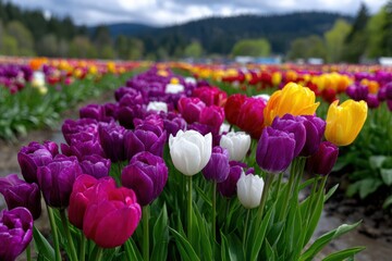 Vibrant tulip field showcases colorful blooms in scenic landscape during spring afternoon