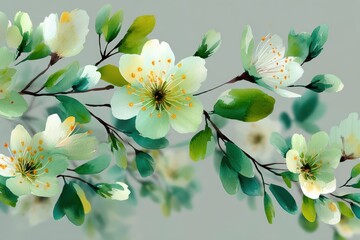 Fototapeta premium Watercolor Painting of Delicate White and Green Blossoms on Branch