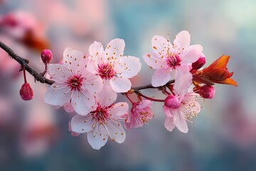 Close up view of delicate pink flowers, possibly cherry blossoms, with water droplets on their petals.