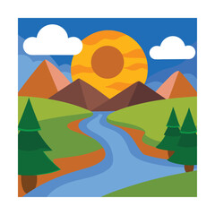 Morning in the hills with river in flat vector