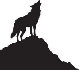 Black and White Howling Wolf Illustration on Mountain Bold Silhouette Vector Art of Lone Wolf Howling at the Sky with Detailed Line Work